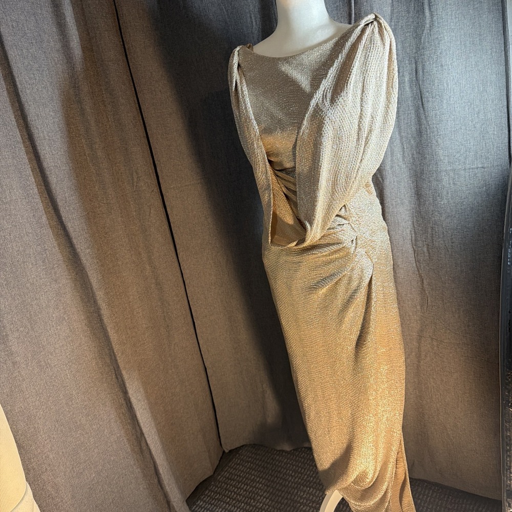 Blu Sage Gold Metallic Draped Cape Sleeve Ruched Maxi Gown Dress Size 8